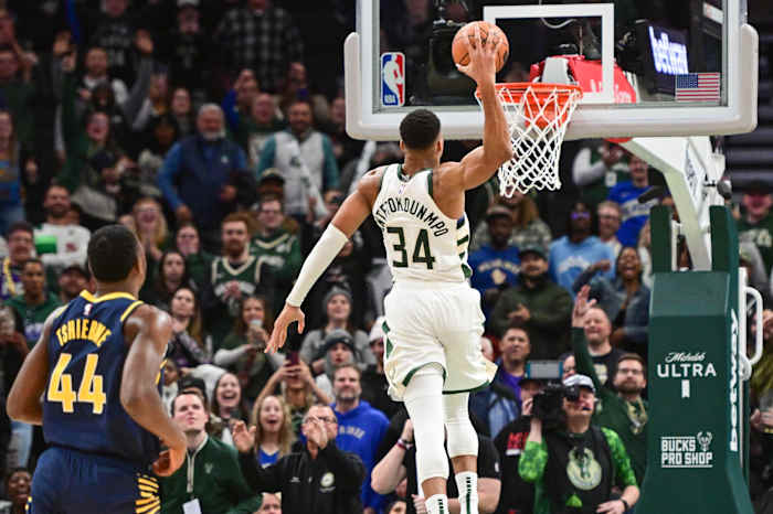 Milwaukee Bucks forward Giannis Antetokounmpo (34) scores 64 points in the fourth quarter against the Indiana Pacers to set a team record